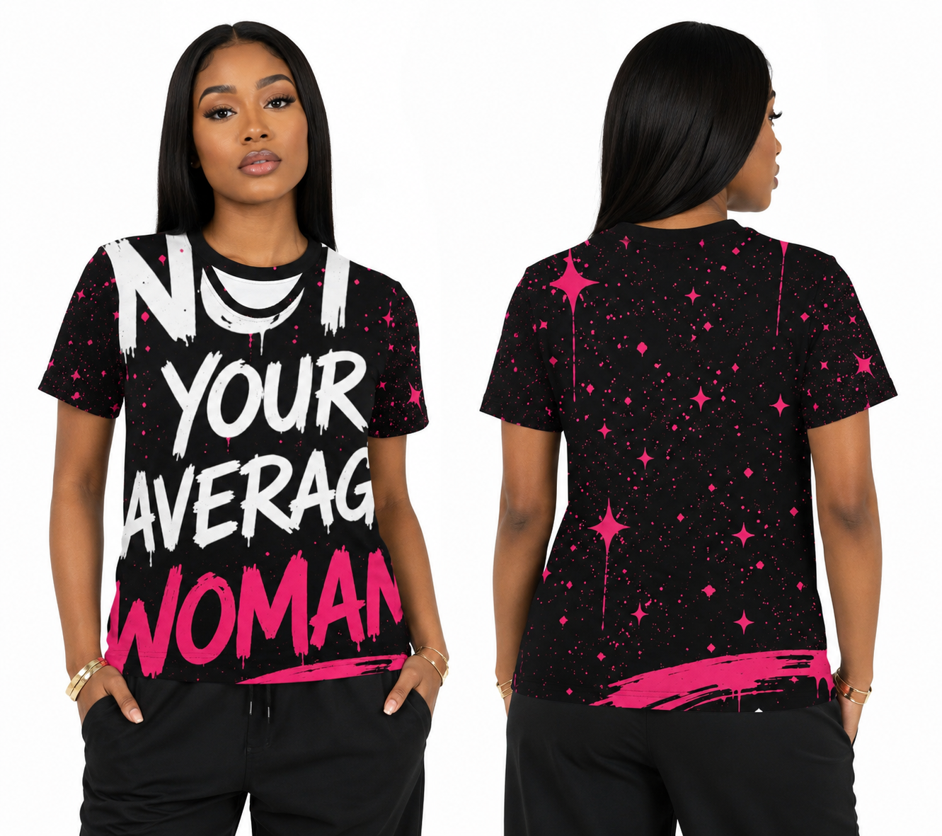 Not Your Average Woman All-Over Print Pink Galaxy Tee | Bold Statement Street Art Women's T-shirt