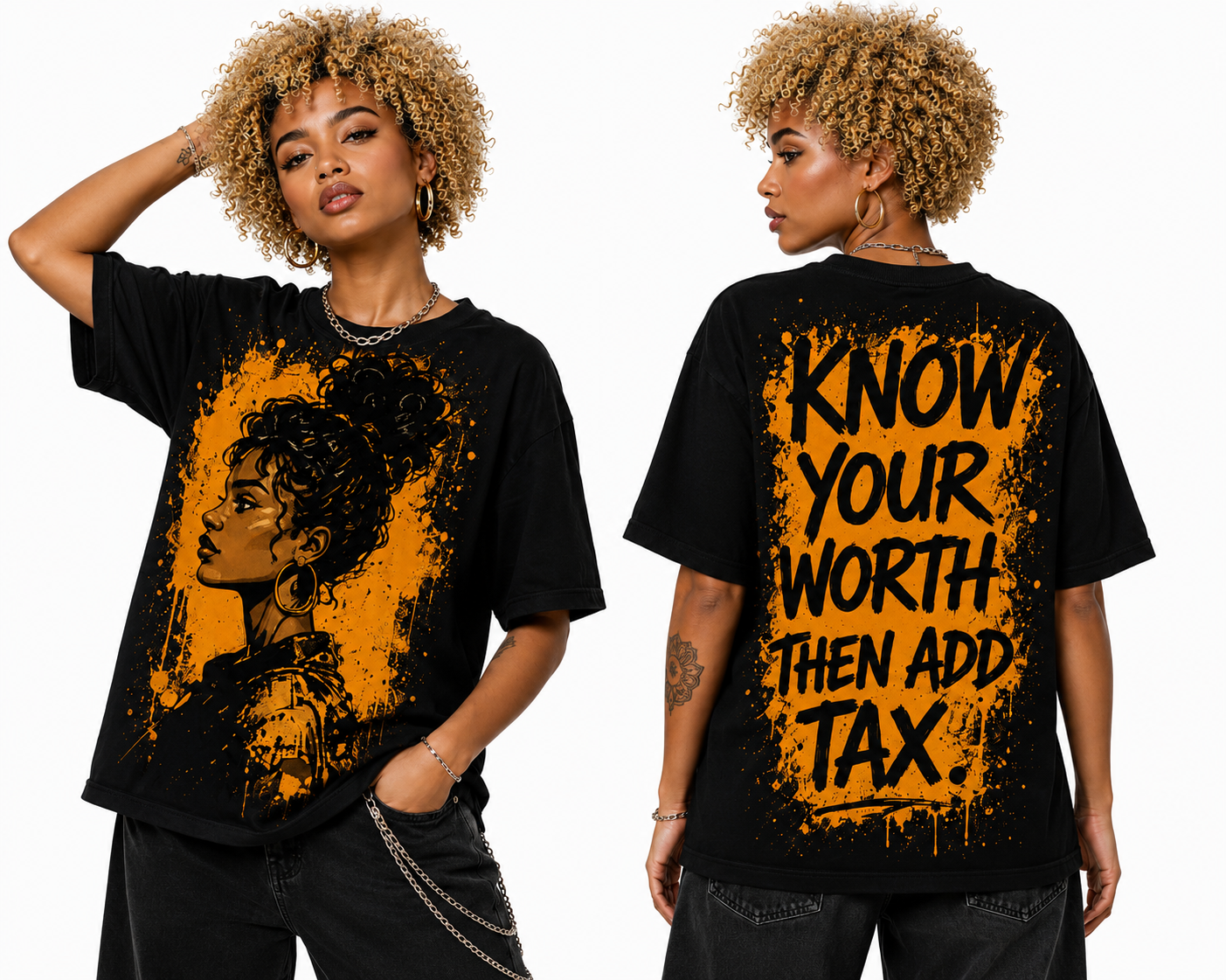 Know Your Worth Then Add Tax All-Over Print Black Queen Tee | Bold Woman Street Art Women's T-shirt