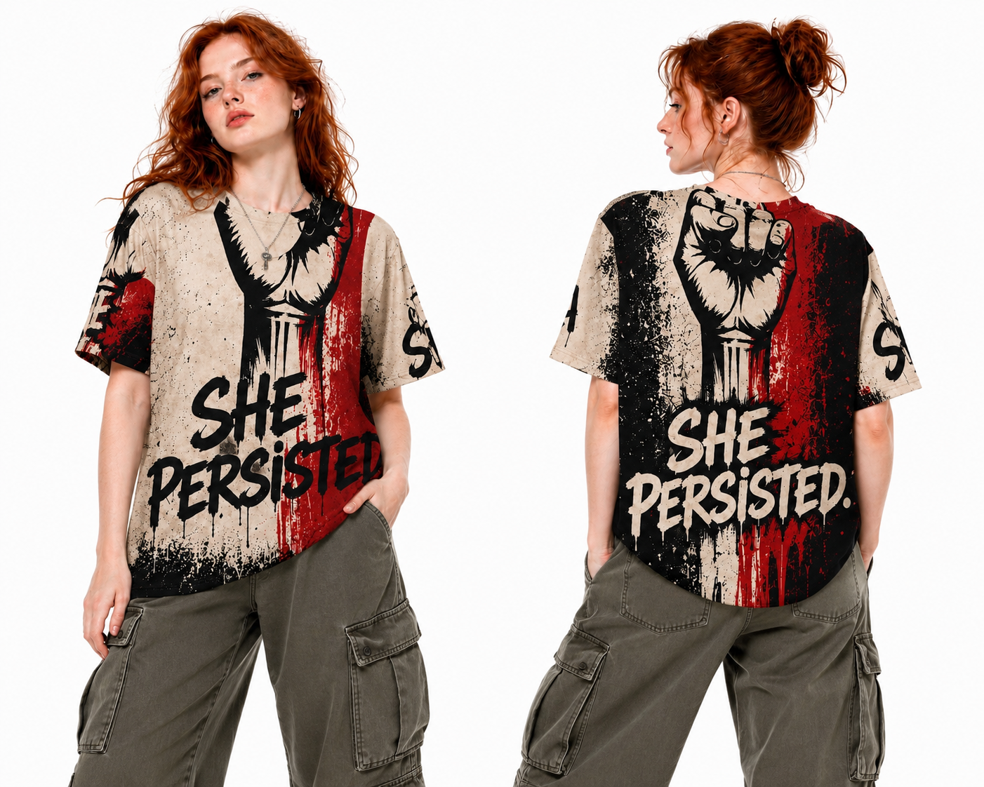 She Persisted All-Over Print Raised Fist Graphic Tee | Women's Empowerment Street Art T-Shirt