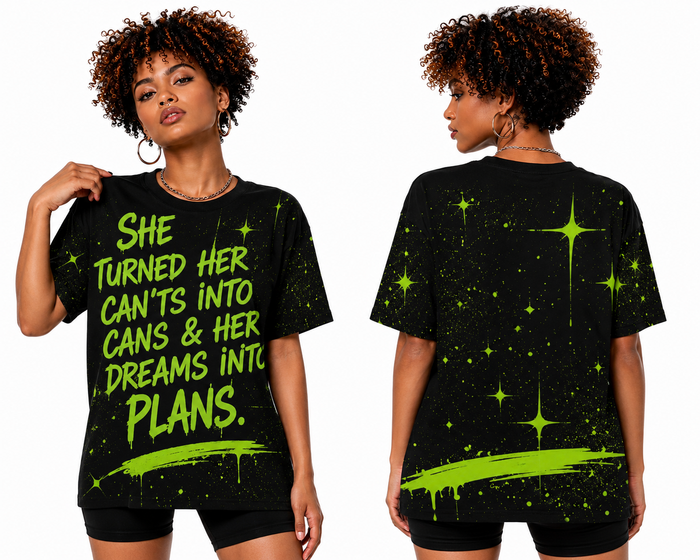 She Turned Her Cants Into Cans All-Over Print Neon Tee | Women Empowerment Street Art T-Shirt