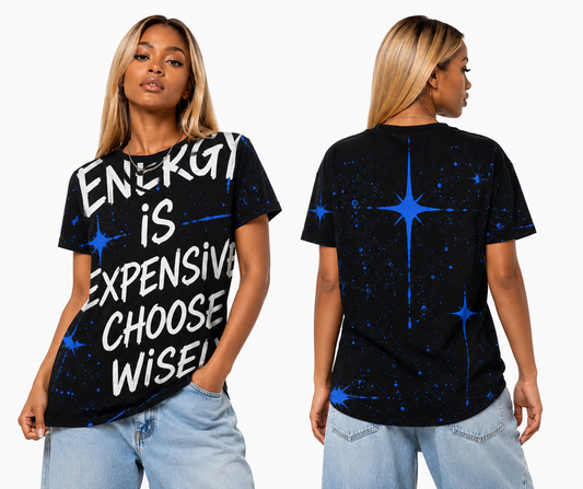 Energy Is Expensive Choose Wisely All-Over Print Cosmic Graffiti Tee | Mindset Street Art Women's T-shirt