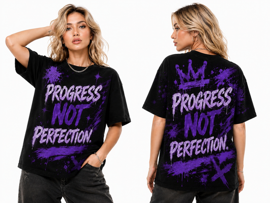 Progress Not Perfection All-Over Print Graffiti Crown Tee | Motivational Street Art Women's T-shirt