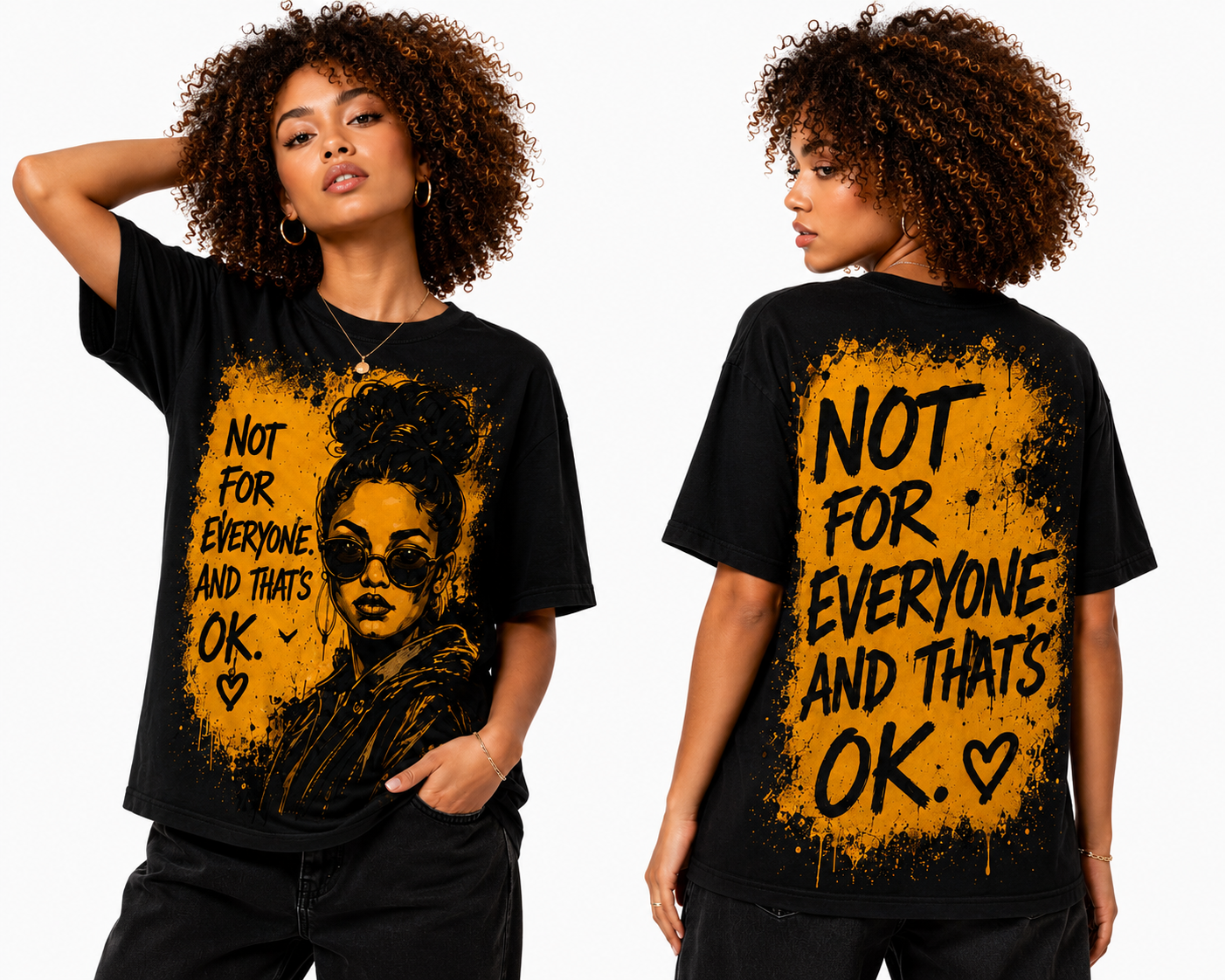 Not For Everyone And Thats OK All-Over Print Black Queen Gold Graffiti Tee | Unbothered Woman Street Art Women's T-shirt