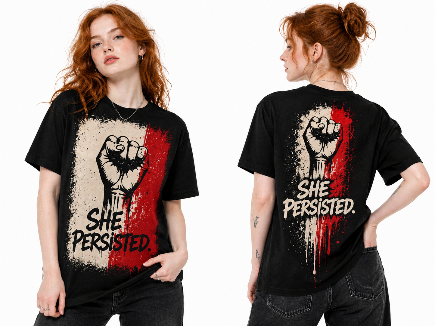She Persisted All-Over Print Raised Fist Graphic Tee | Women's Empowerment Street Art T-Shirt