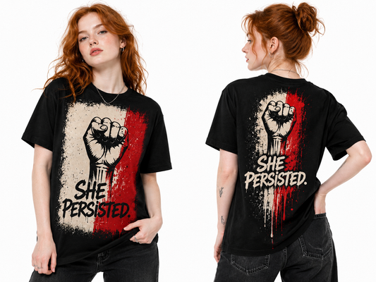 She Persisted All-Over Print Raised Fist Graphic Tee | Women's Empowerment Street Art T-Shirt