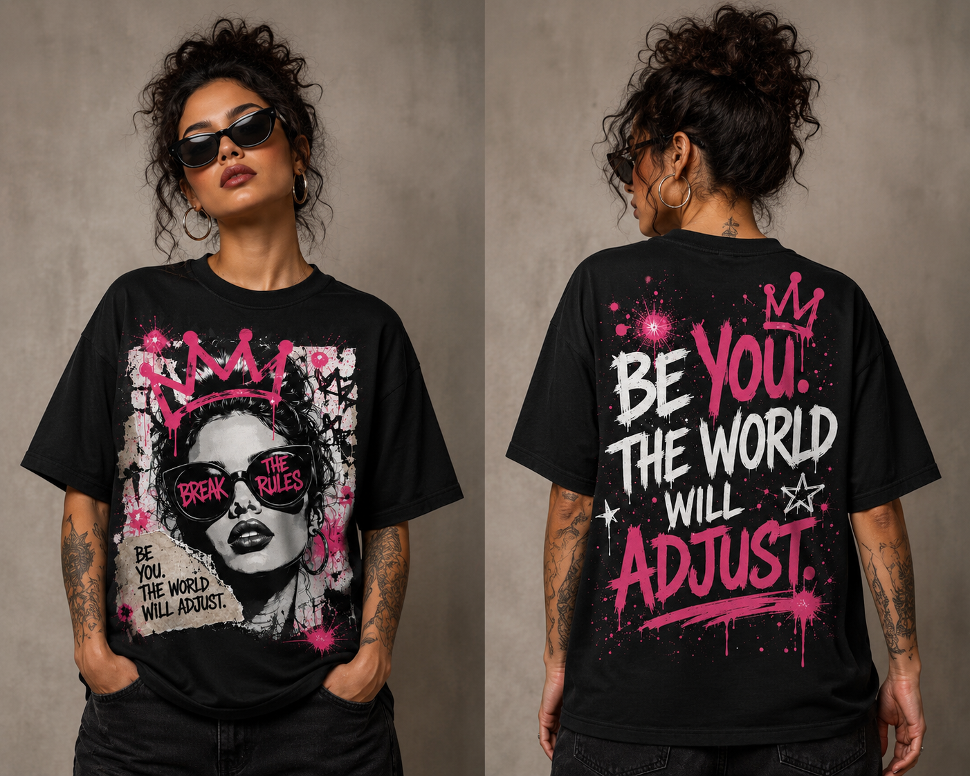 Break The Rules Be You The World Will Adjust All-Over Print Crown Queen Pink Graffiti Tee | Street Art Women's T-shirt