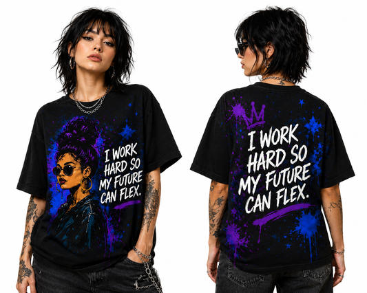 I Work Hard So My Future Can Flex All-Over Print Galaxy Girl Graphic Tee | Boss Woman Street Art T-Shirt