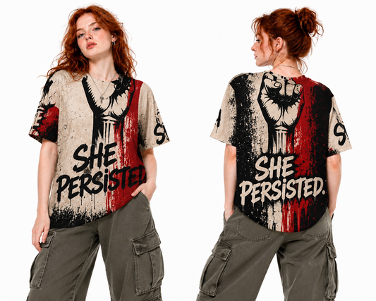 She Persisted All-Over Print Raised Fist Graphic Tee | Women's Empowerment Street Art T-Shirt