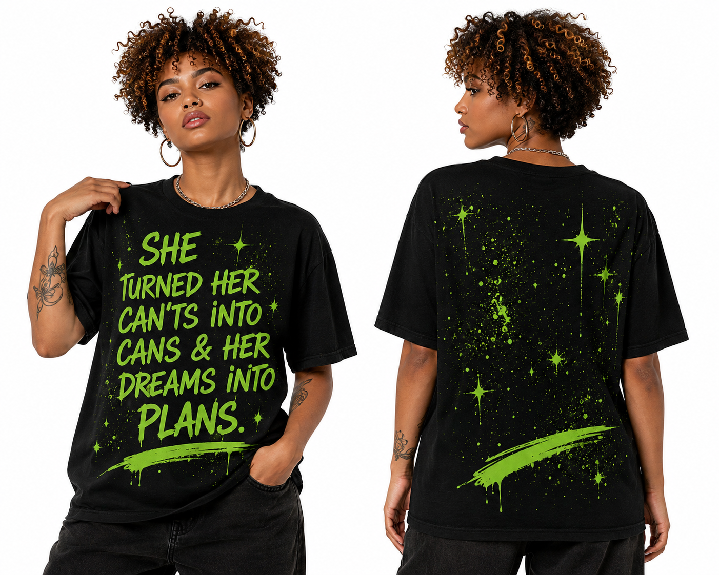 She Turned Her Cants Into Cans All-Over Print Neon Graffiti Tee | Women Empowerment Street Art T-Shirt